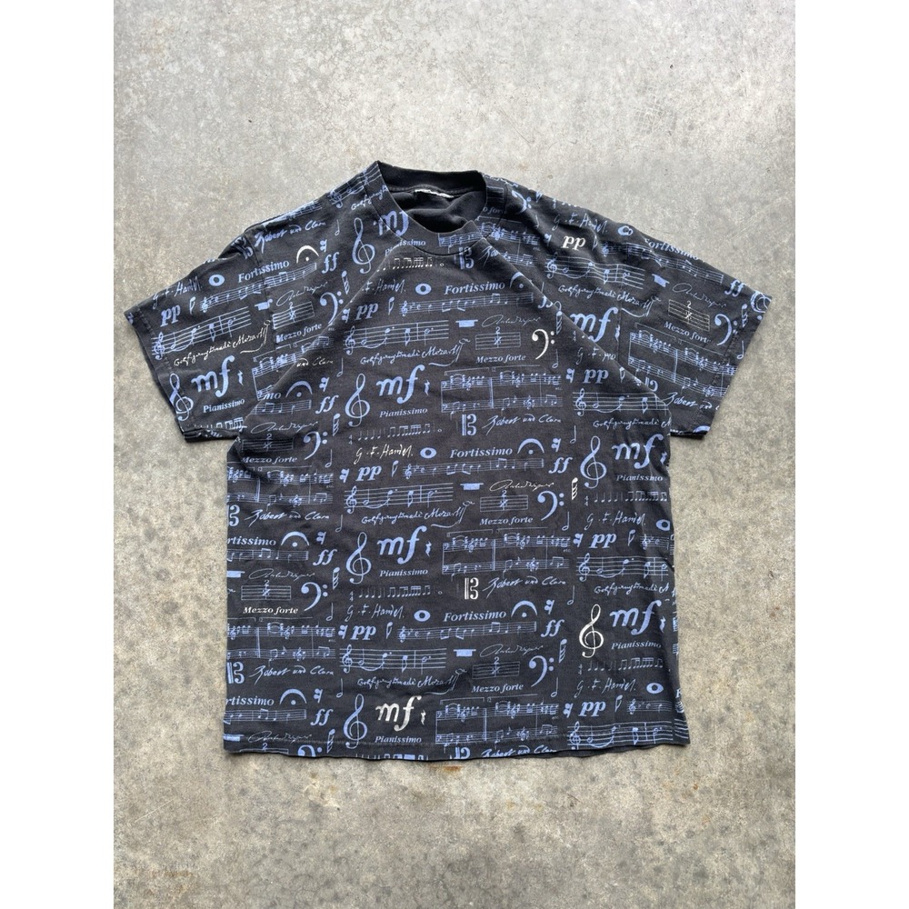 Vintage 90s Lee Musical Note All Over Print T-Shirt Size Medium AOP